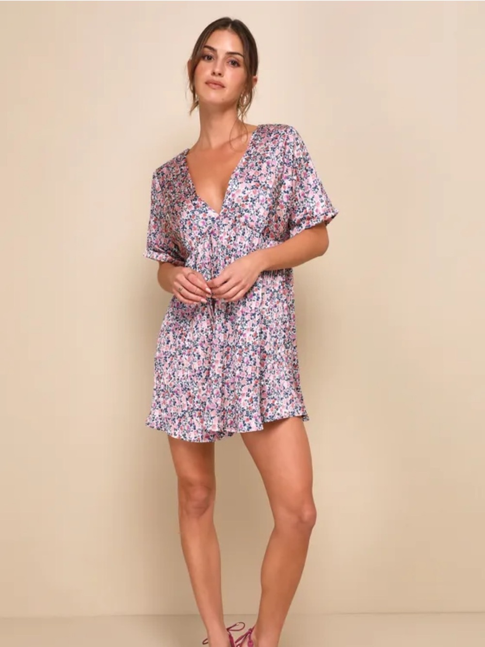 Lulu's Pink Floral Satin Babydoll Dress
